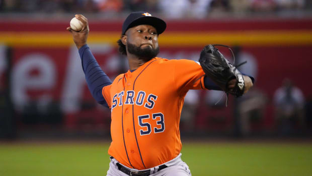 Oct 1, 2023; Phoenix, Arizona, USA; Houston Astros starting pitcher Cristian Javier (53) pitches against the Arizona Diamondbacks during the second inning at Chase Field. Mandatory Credit: Joe Camporeale-USA TODAY Sports  